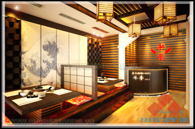 Thiết kế nhà hàng Nhật - Phối cảnh 3D tầng 1 Khu vực lễ tân.